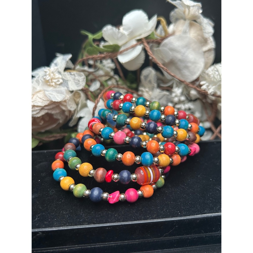 Boho‎ Wrap Multicolor Wooden Bead Memory Coil Bracelet Hippie Artisan Festival